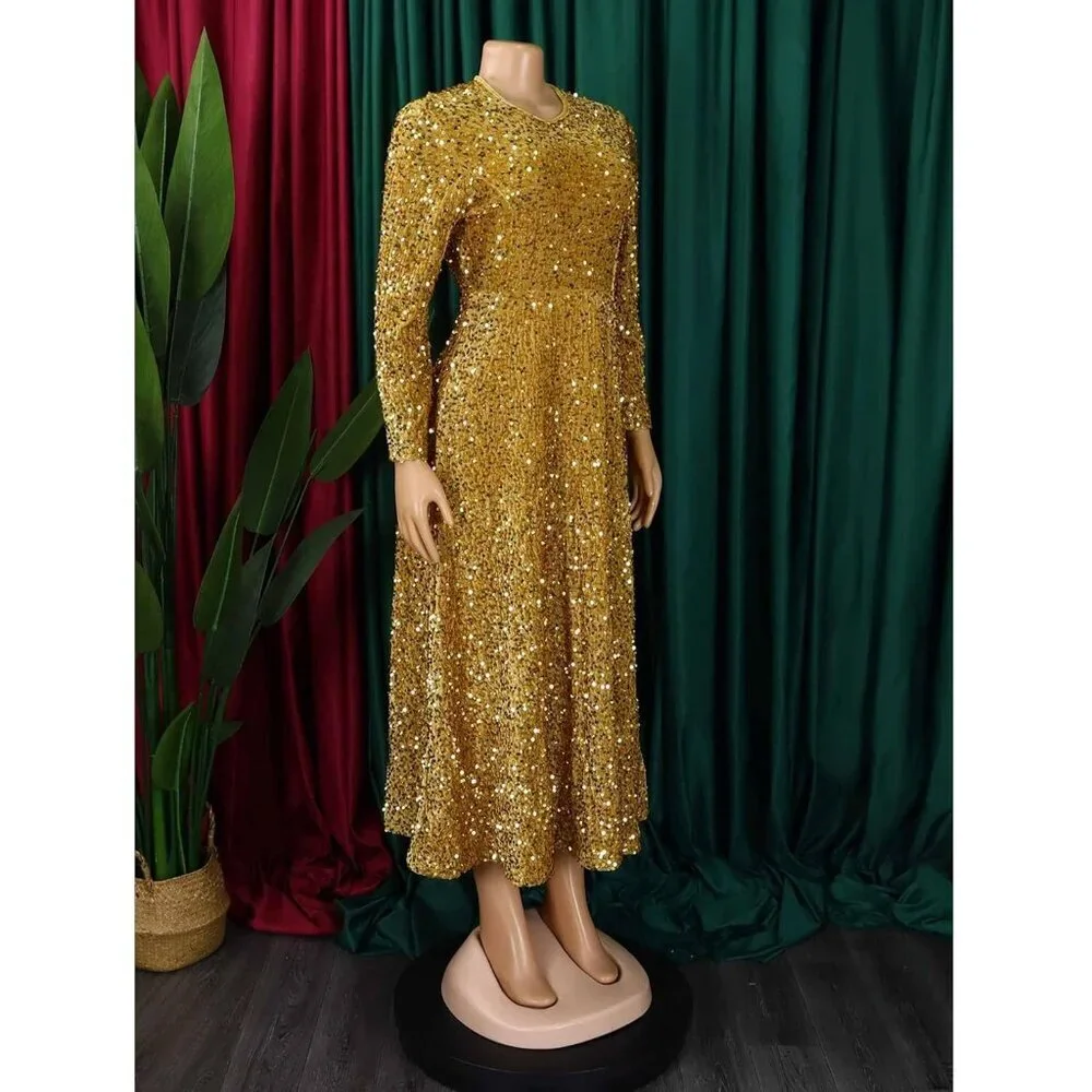 Women's Plus Size Sequin Dress Long Sleeve Flared A-Line Party Evening
